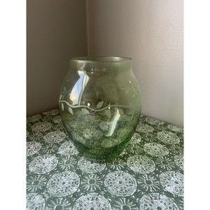 Vintage Libbey Etched Leaves Green Vase MCM